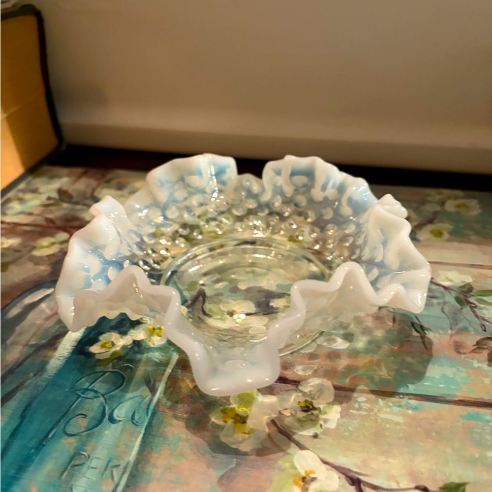 Small Hobnail Ruffled Opalescent Glass Dish